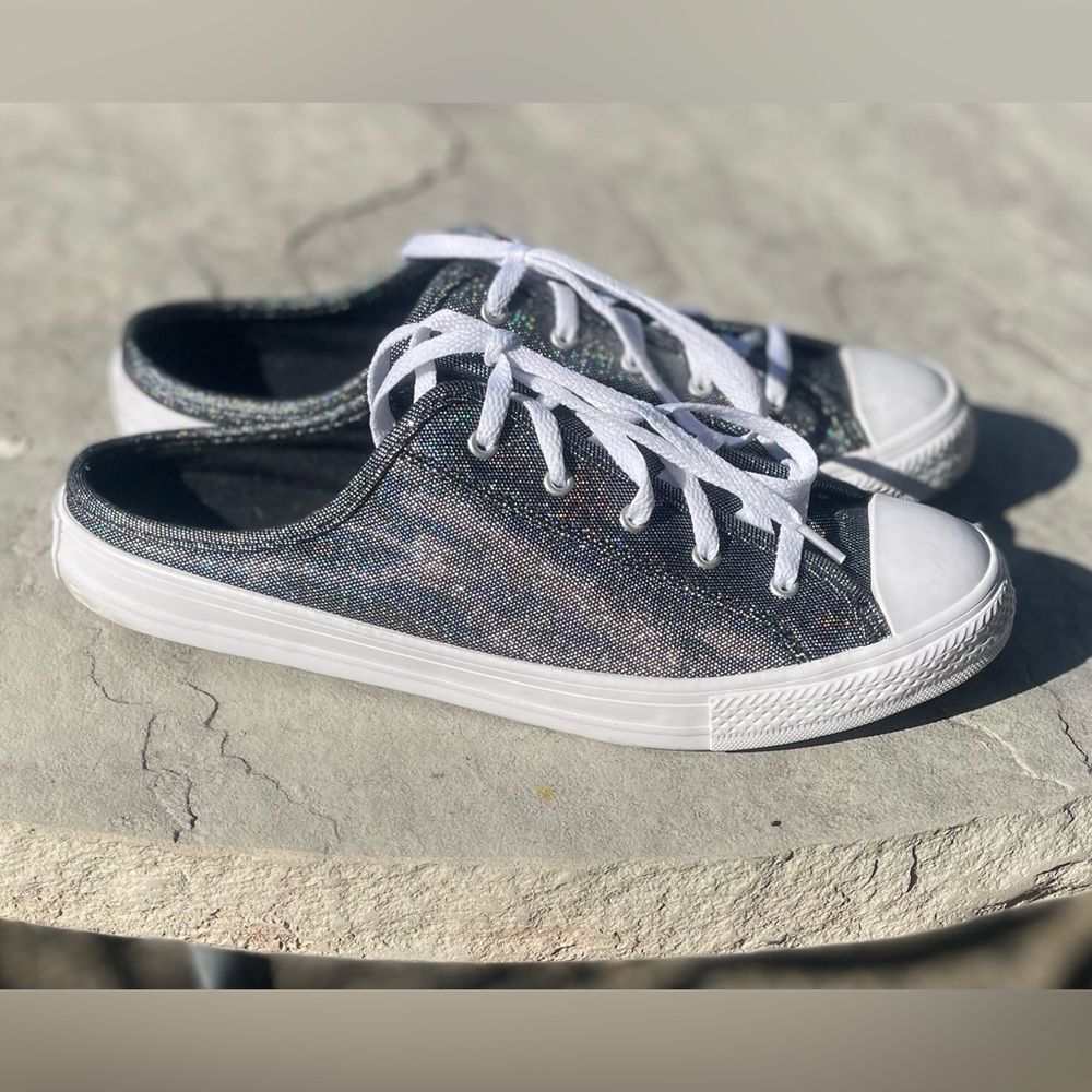 Converse shimmery Black Canvas Mule Slip Sneakers with White Laces - Picture 3 of 8